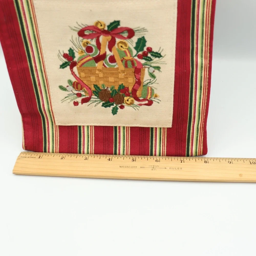 Longaberger Christmas Fabric Gift Bag Tote Holiday Holly Ribbon Basket Bells